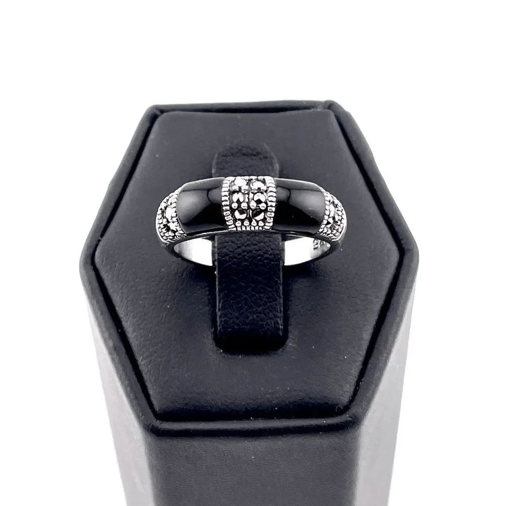 STERLING SILVER Double Black Onyx Marcasite Ring Size 9